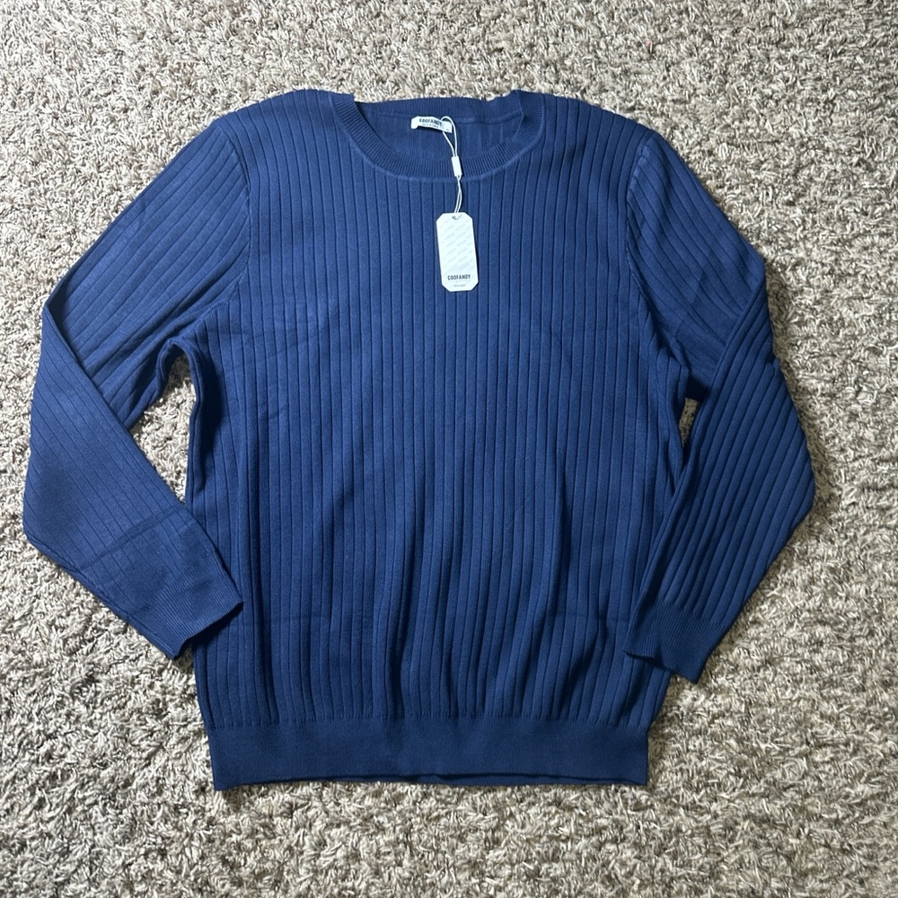 NWT Coofandy Ribbed Crewneck Sweater in Navy Size XL